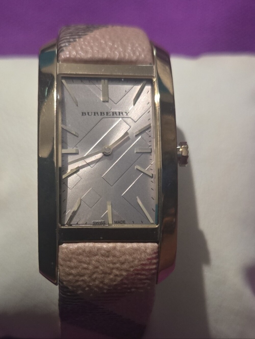 Burberry Beige/Pink Leather Strap Rectangular Silver Dial Watch